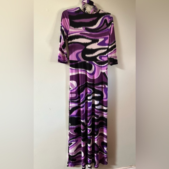 Got Style Maxi Wrap Dress Black & Purple Design Stretch Belted Maxi Long - Picture 2 of 7